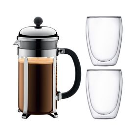 Bodum Kaffeebereiter, 8 Tassen, 1.0 l und 2 doppelwandigen Gläsern