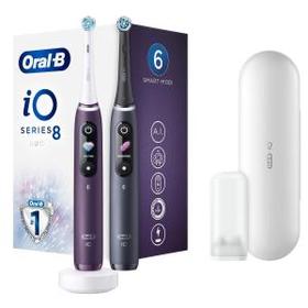 Oral-B iO 8 Doppelpack Elektrische Zahnbürsten mit Magnet-Technologie & sanften Mikrovibrationen, 6 Putzprogramme & Farbdisplay, Reiseetui, violet/bla