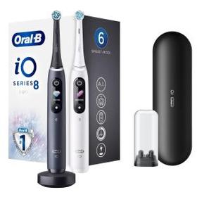 Oral-B iO 8 Doppelpack Elektrische Zahnbürsten mit Magnet-Technologie & sanften Mikrovibrationen, 6 Putzprogramme & Farbdisplay, Reiseetui, black/white