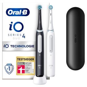 Oral-B iO 4 Doppelpack Elektrische Zahnbürste mit Magnet-Technologie, 2 Aufsteckbürsten, 4 Putzmodi, Reiseetui, matt black/quite white
