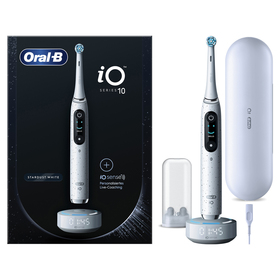 Oral-B iO 10 Elektrische Zahnbürste mit iOSense, Magnet-Technologie, 7 Putzmodi, 3D-Analyse, Farbdisplay & Lade-Reiseetui, stardust white